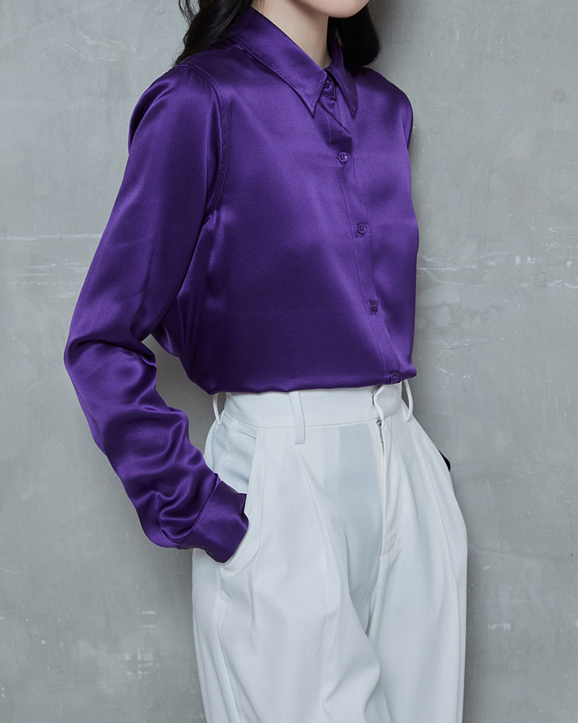 22 Momme 100% Silk Violet Long Sleeved Shirt