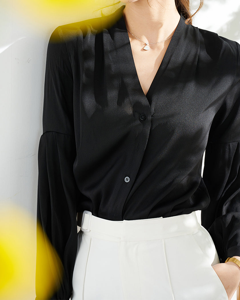 22 Momme Bubble Sleeves V-neck Silk Shirt - OsorSilk