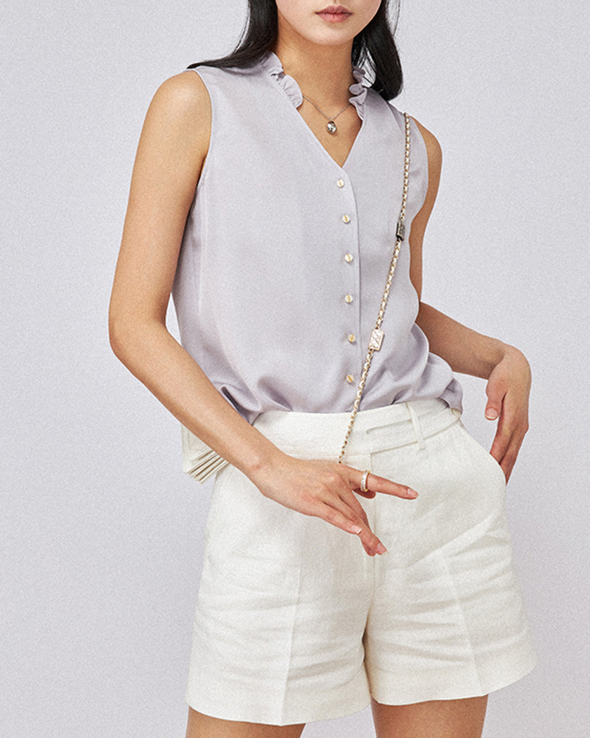 22 Momme Silk Auricular-rimmed Sleeveless Shirt
